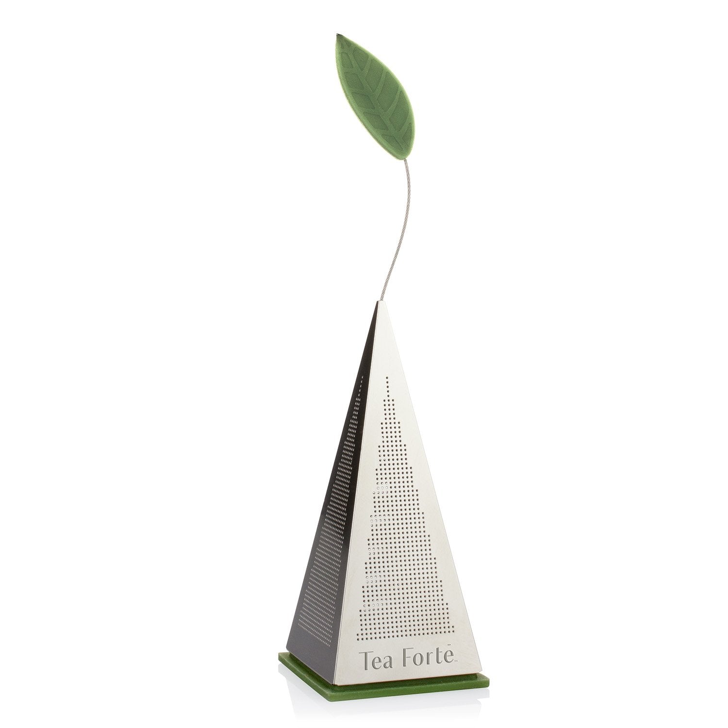 Tea Forte icon stainless steel infuser with pyramid design for precise steeping.