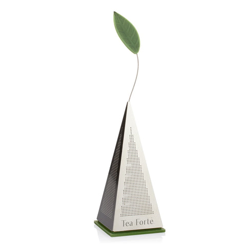 Tea Forte icon stainless steel infuser with pyramid design for precise steeping.