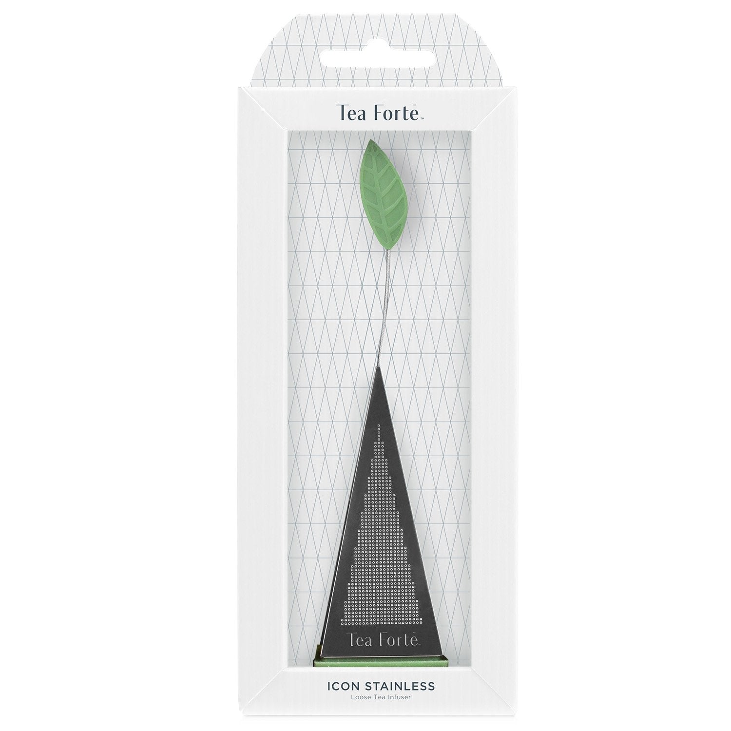 Tea Forte pyramid infuser showcases secure seal to prevent leaves in cup.