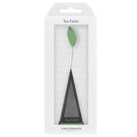Tea Forte pyramid infuser showcases secure seal to prevent leaves in cup.