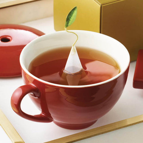 Tea Forte silk pyramid infuser pairs with cup for enhanced aroma.