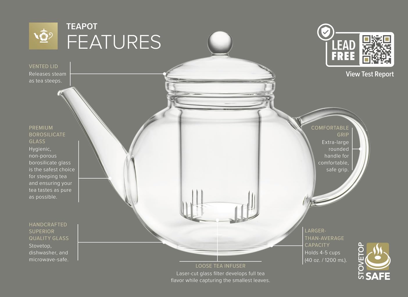 Teabloom Celebration Teapot glass body showing clear brew and blooming tea.