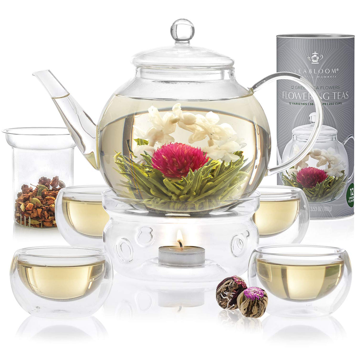Teabloom complete glass teapot 40 oz highlighting blooming tea colors for elegant gatherings.