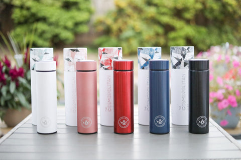 Teabloom Cosmopolitan navy blue highlights durable, portable beverage versatility.