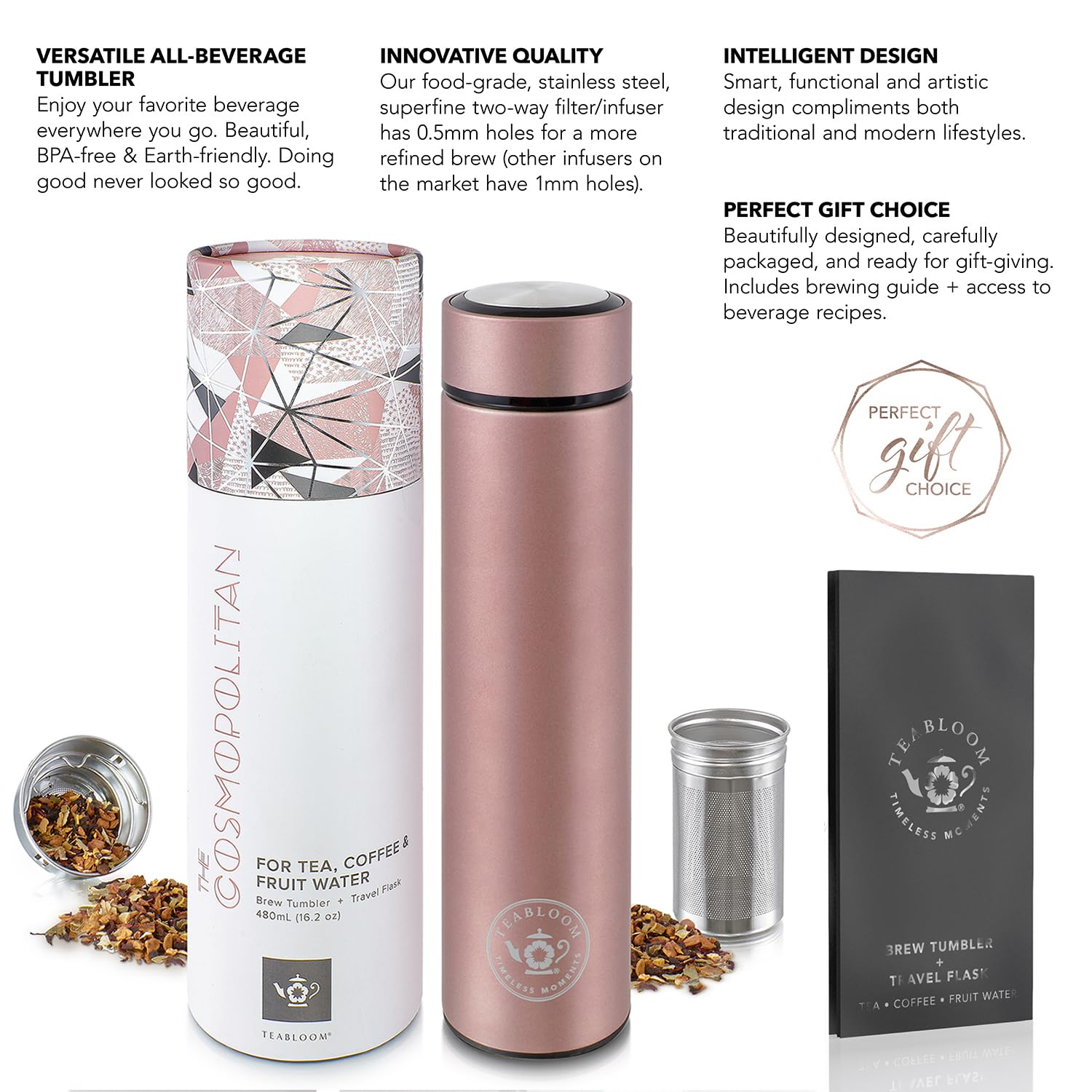 Teabloom Cosmopolitan rose gold version adds stylish carry for everyday use.