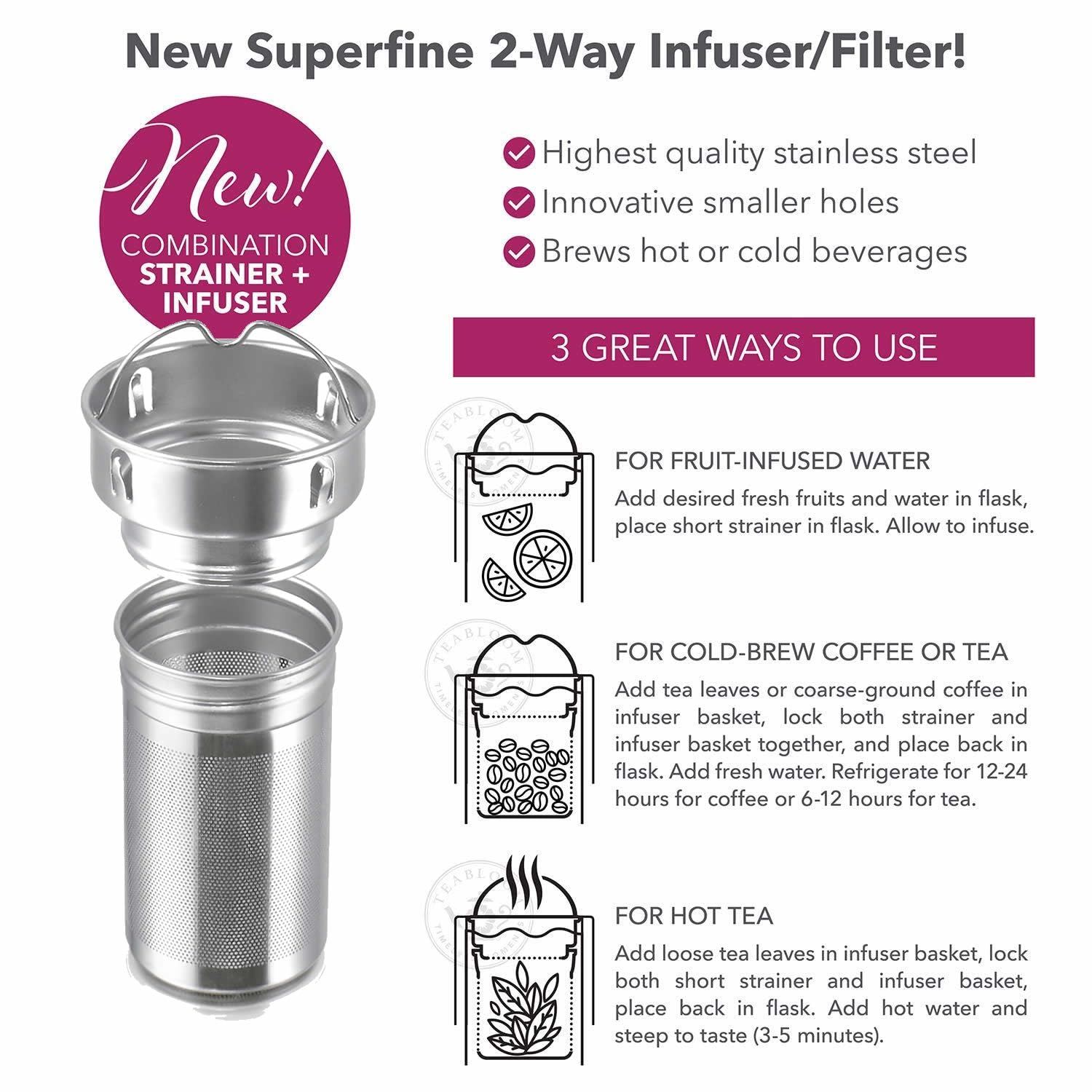 Teabloom Cosmopolitan slim design fits car cup holders for on-the-go hydration.