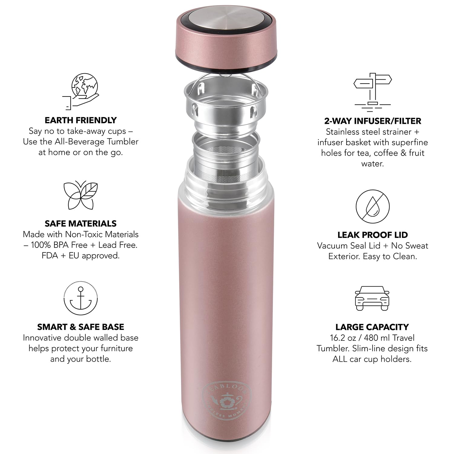 Teabloom Cosmopolitan stainless interior resists stains and odors for repeated use.