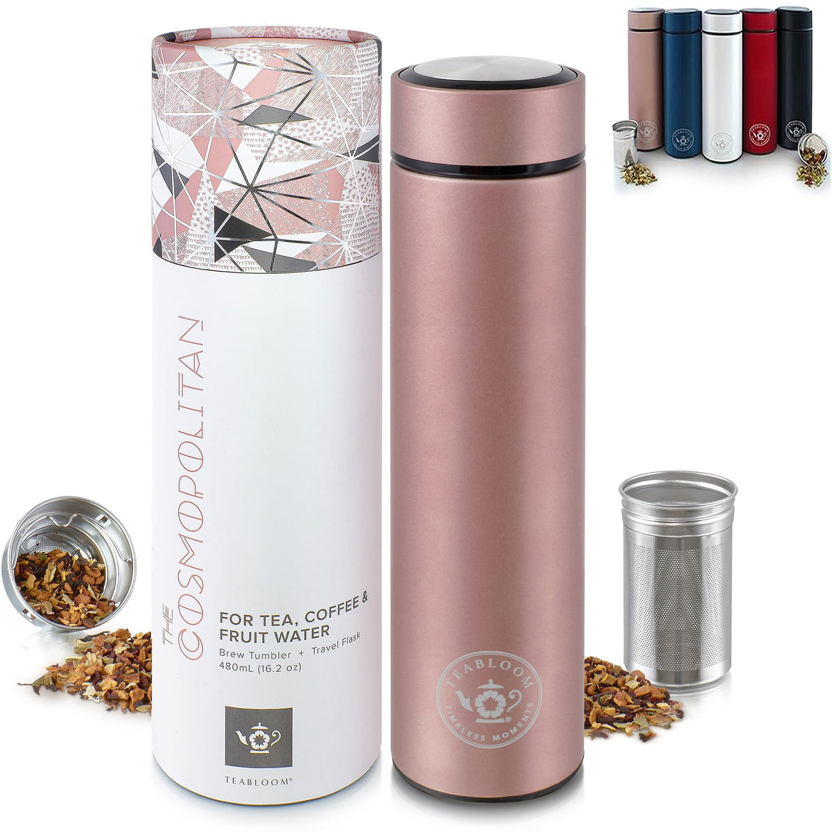 Teabloom Cosmopolitan travel tumbler with all-brew design for hot tea and cold beverages.