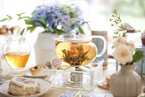 Kyoto glass teapot with removable infuser for blooming teas.