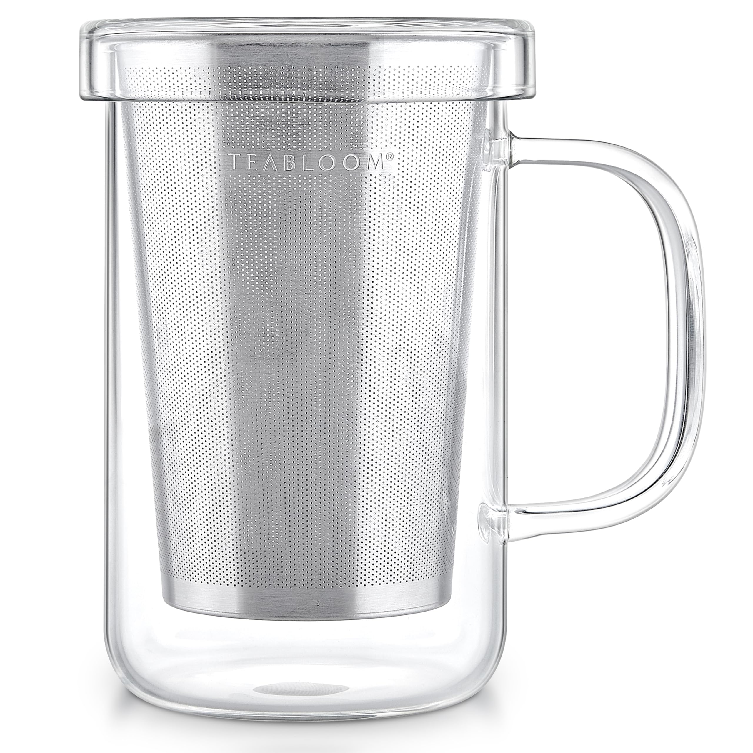 Teabloom premium borosilicate mug shown as a clear glass cup for hot and cold brews