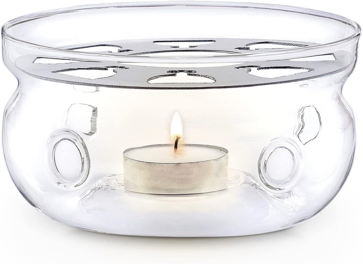 Teabloom universal tea warmer glass detail—durable borosilicate keeps tea warm.