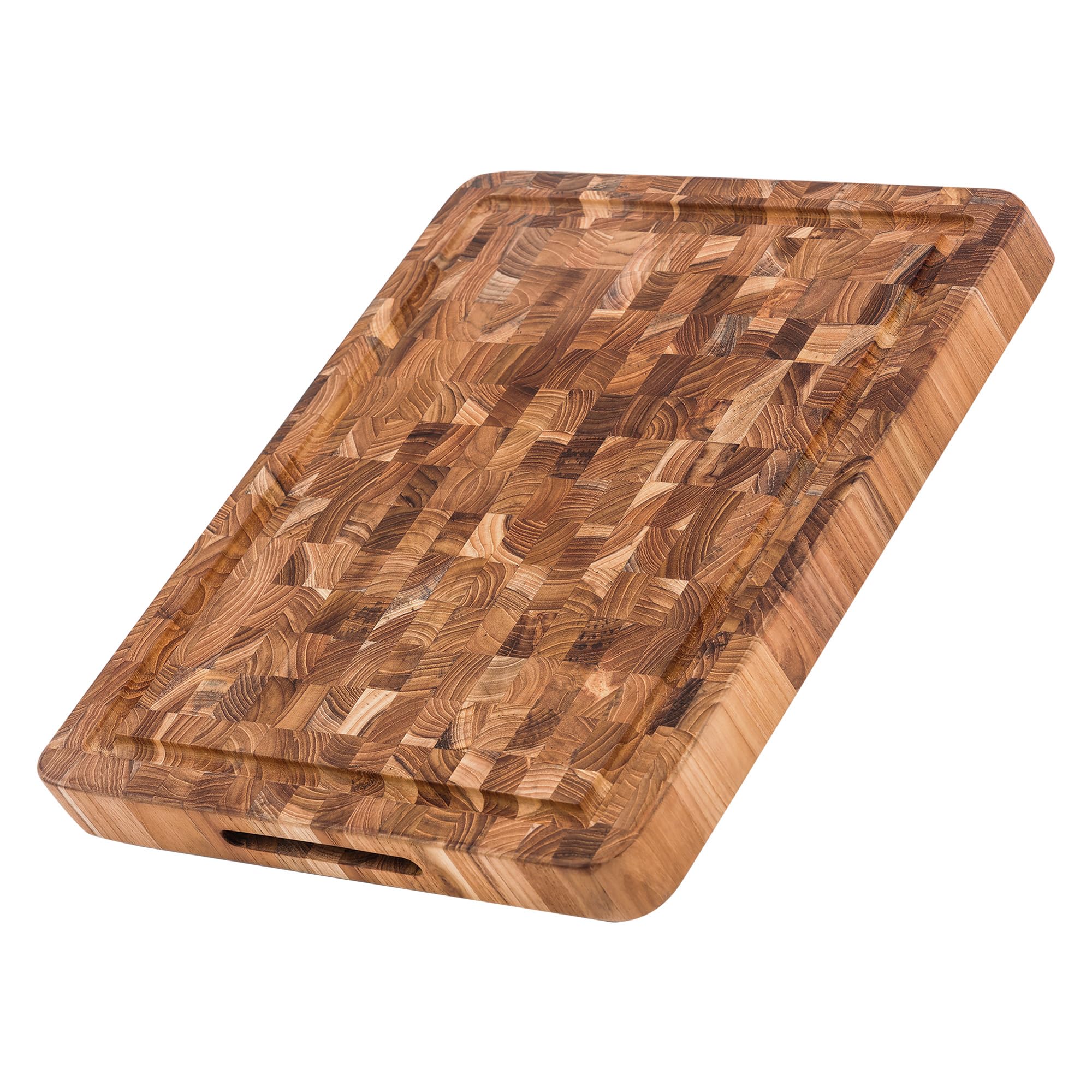 Teakhaus butcher block carving board with end-grain teak surface for knife-friendly prep.