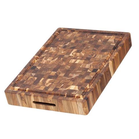 Teakhaus end-grain carving board in large size for stable, knife-friendly slicing.