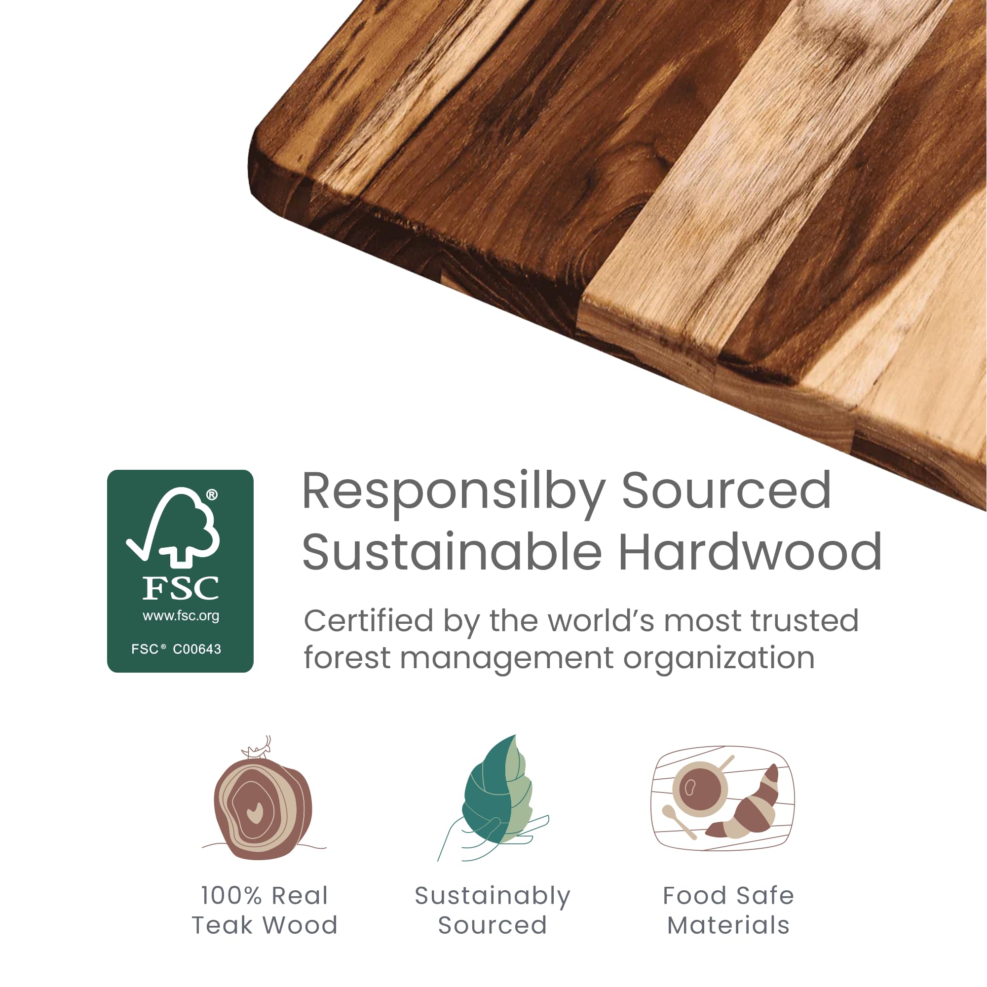 FSC-certified teakwood from Teakhaus emphasizes sustainable sourcing.