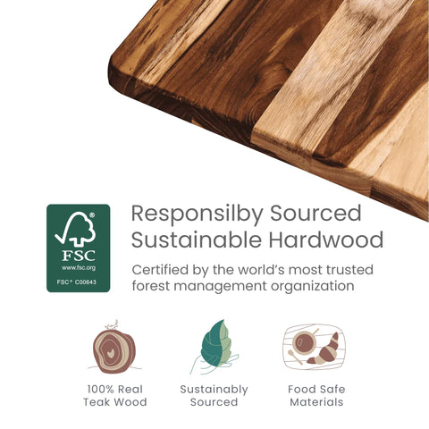 FSC-certified teakwood from Teakhaus emphasizes sustainable sourcing.