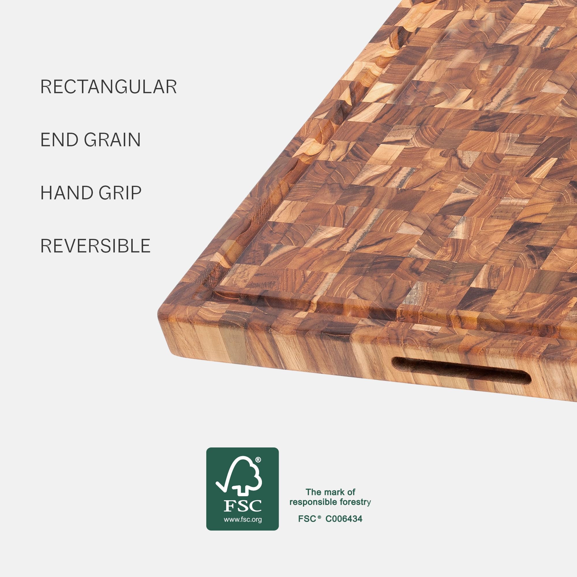 Teakhaus juice groove catches juices and protects counters.