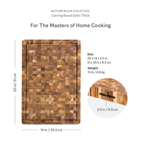 Teakhaus juice groove cutting board collects juices for easier cleanup.