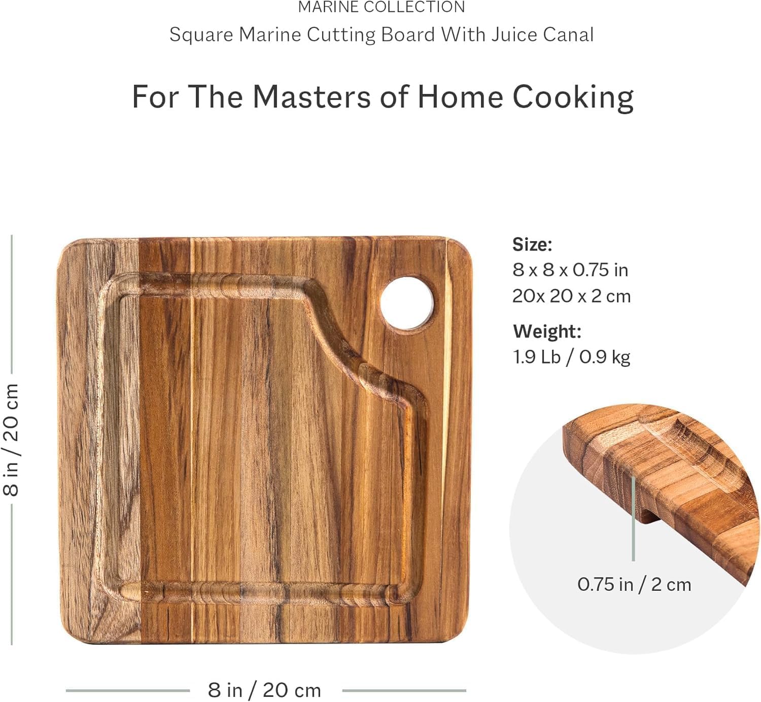 Teakhaus Marine Cutting Board side handle demonstrates easy grip for versatile kitchen tasks.