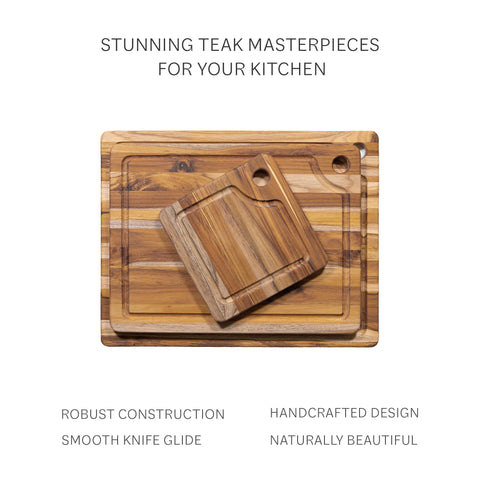 Teakhaus serving board used as a stylish platter for servings.