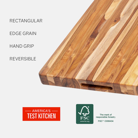 Teakhaus XL cutting board with optional juice groove catching liquids.