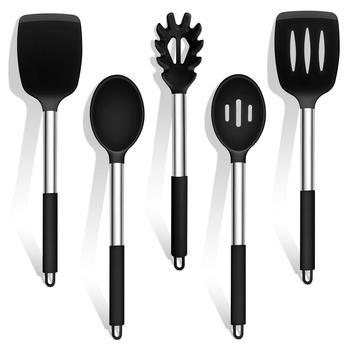 TeamFar 5-pcs silicone utensils set with stainless steel handles for durable daily cooking.
