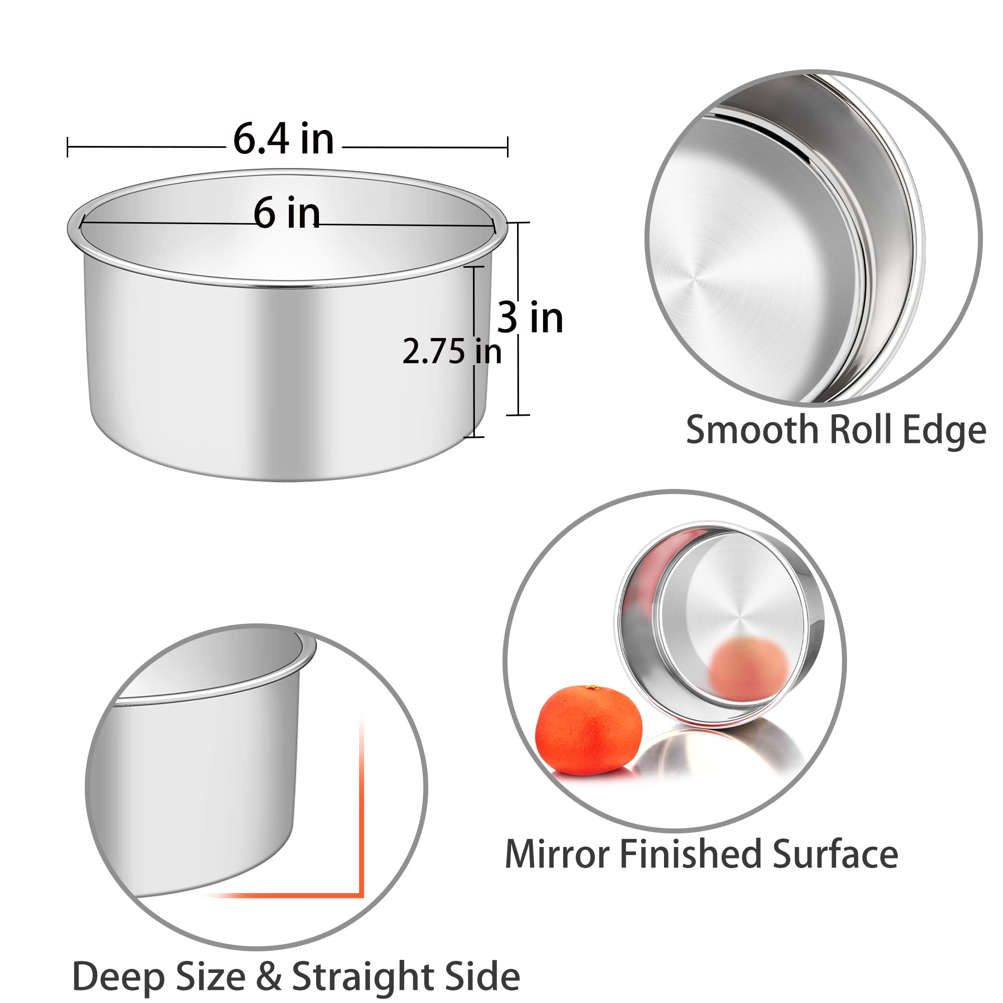 TeamFar 6-inch cake pan side view highlighting 3 inch depth for generous fillings.