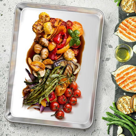 TeamFar baking sheet boasts heavy-duty stainless steel construction for lasting durability.
