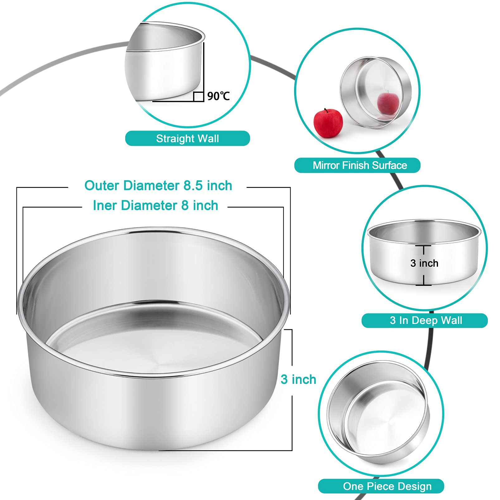 TeamFar cake pans with 8 inch internal diameter for precise round bases