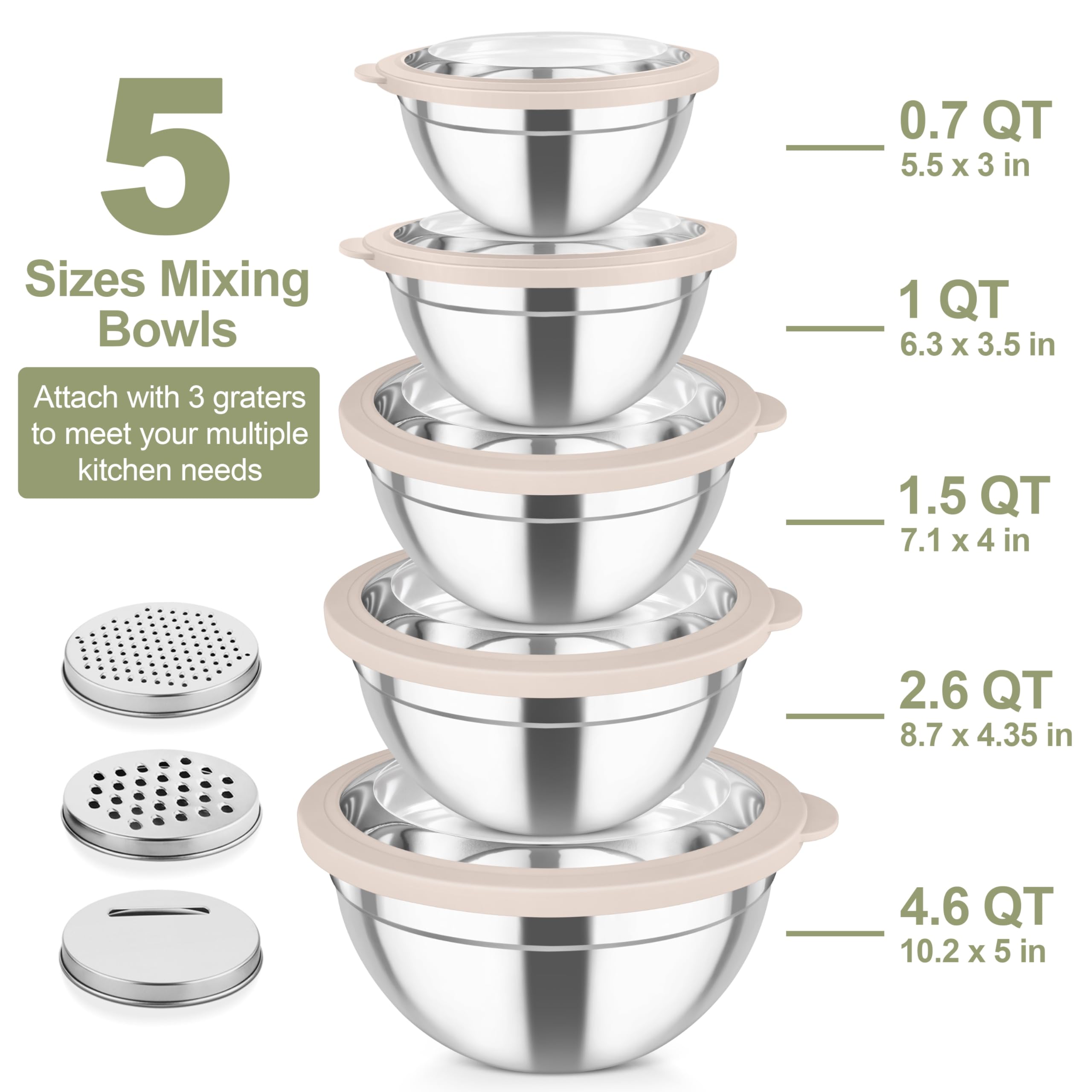 TeamFar bowls with center-grater insert for slicing, grating, and shredding without spills.