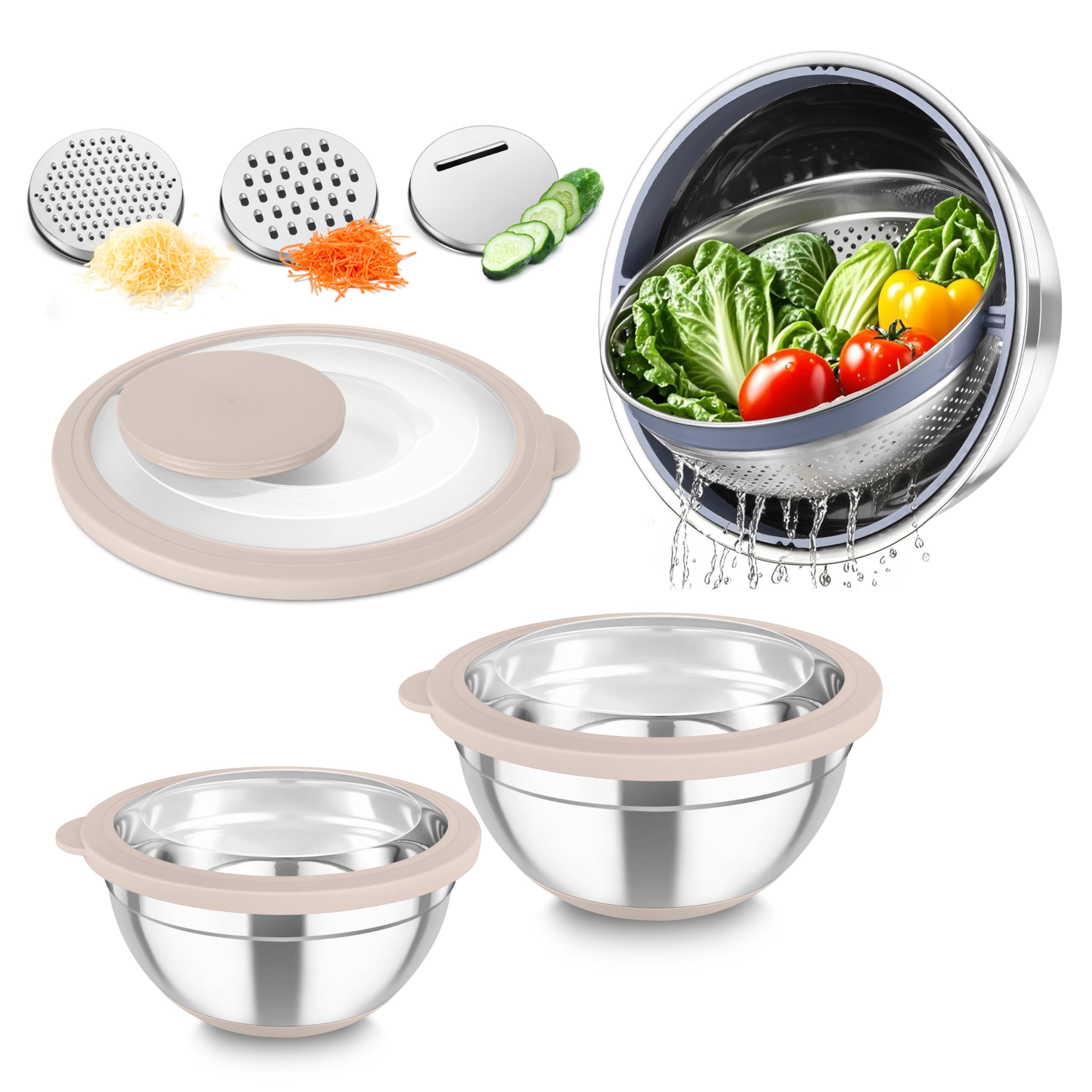 TeamFar rotatable colander with mixing bowls for quick draining.