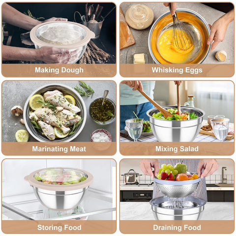 TeamFar khaki stainless bowls with lids and graters for versatile prep.