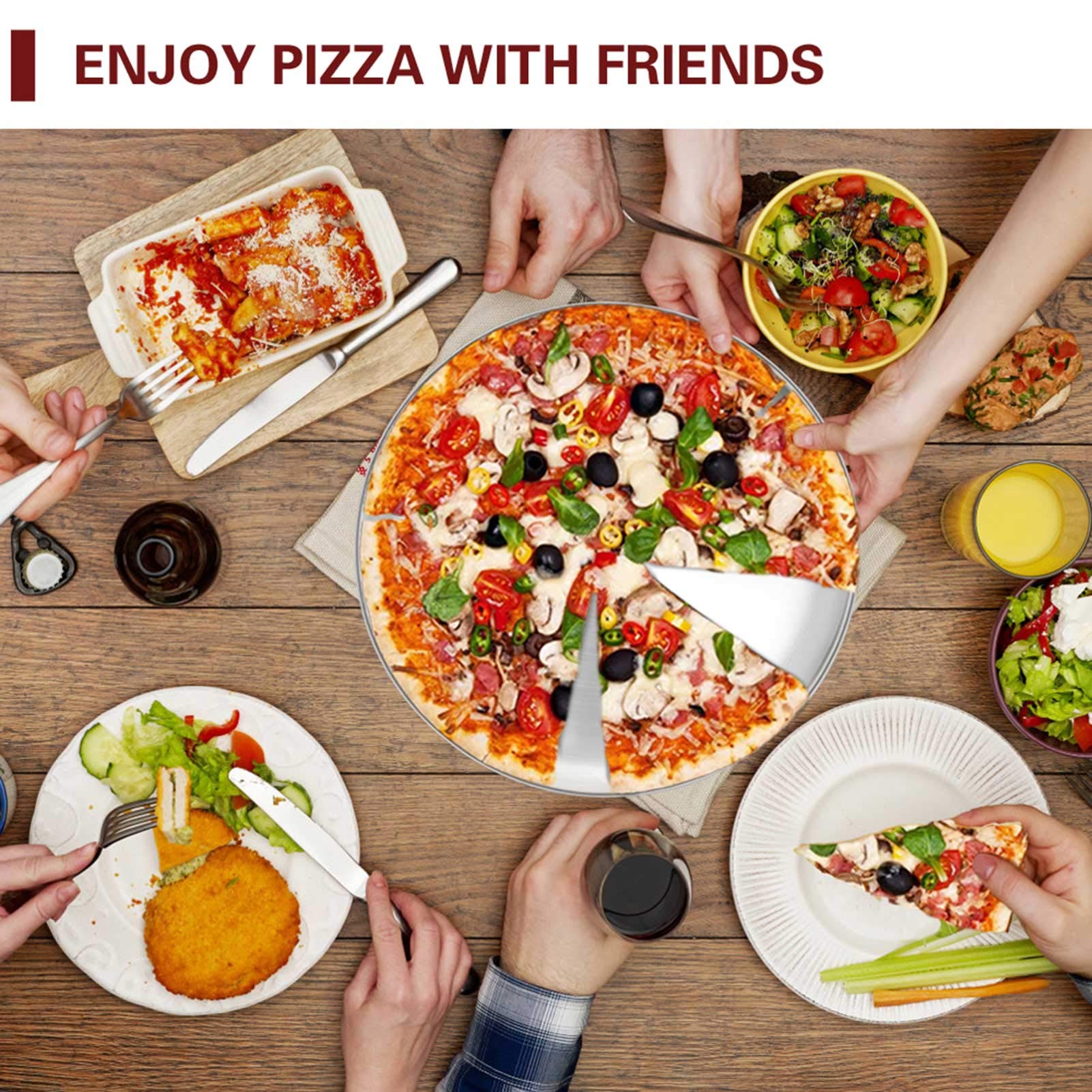 TeamFar 12inch-round pizza pan supports pizza, salad, or reheat tasks