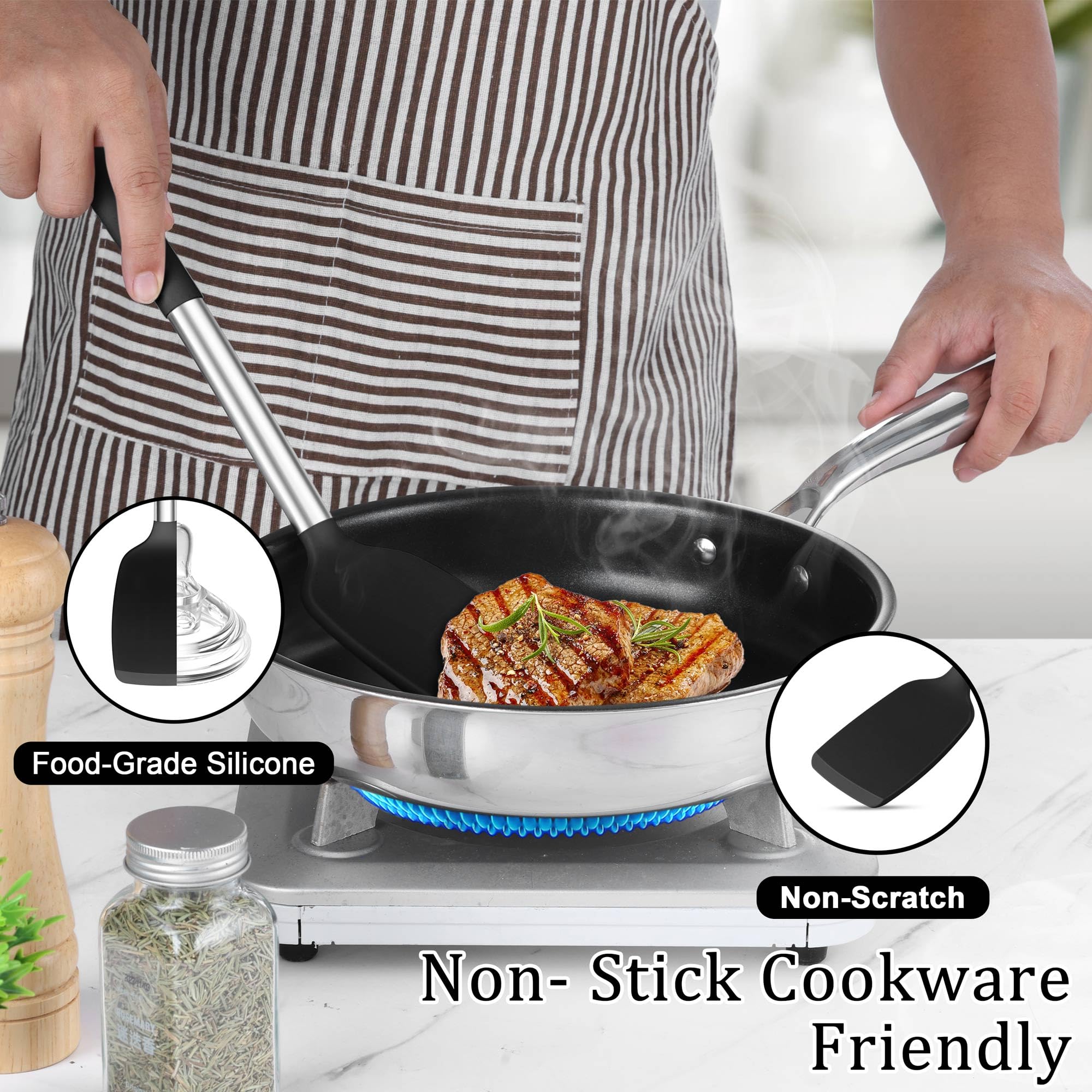 TeamFar solid spoon with stainless steel handle for mixing and serving sauces.