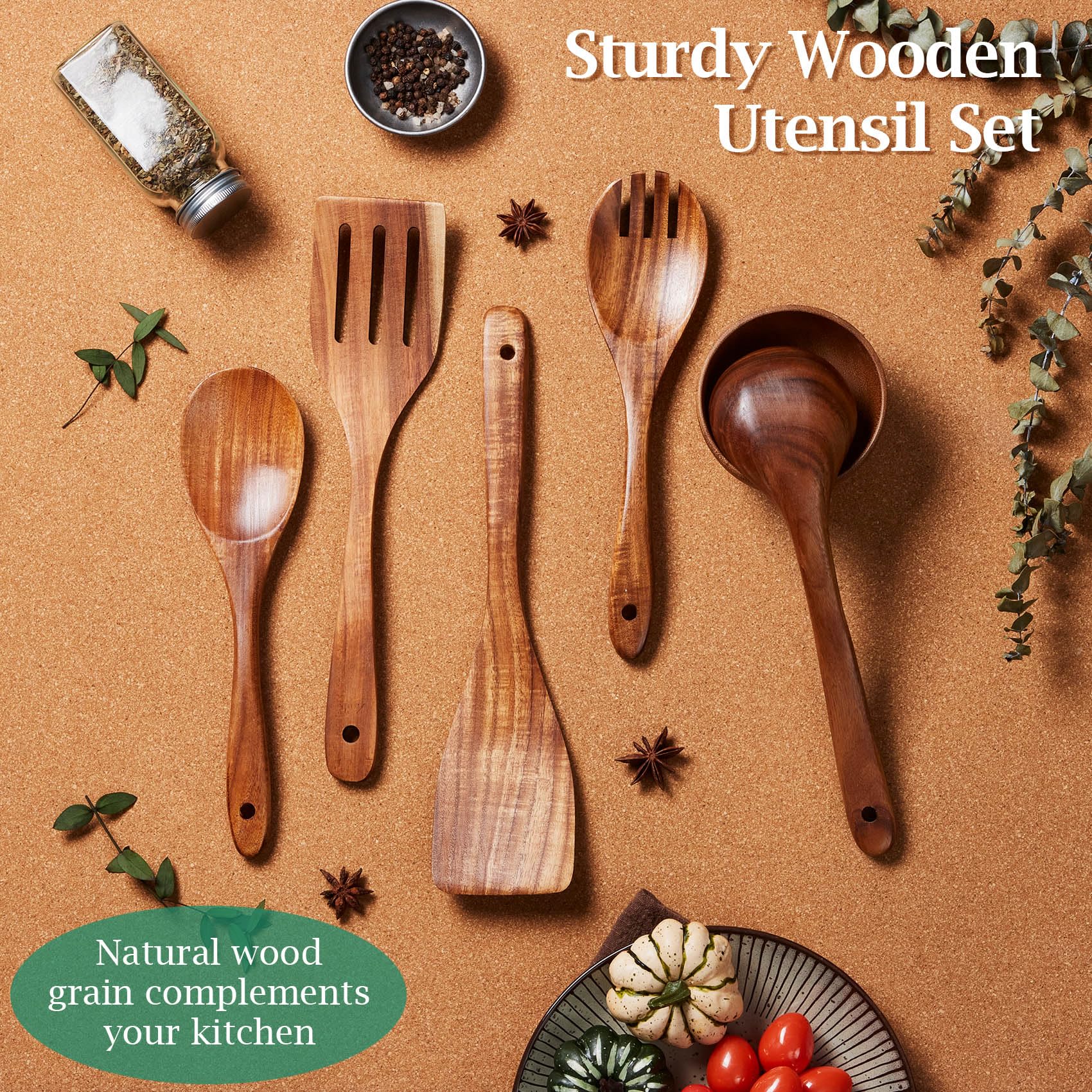 TeamFar teak wood utensils with hanging holes easy storage and air-drying