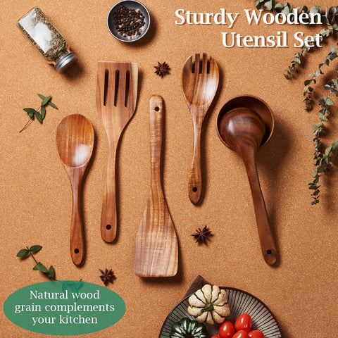 TeamFar teak wood utensils with hanging holes easy storage and air-drying