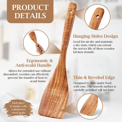 TeamFar teak wood salad fork ergonomic handle for comfortable stirring