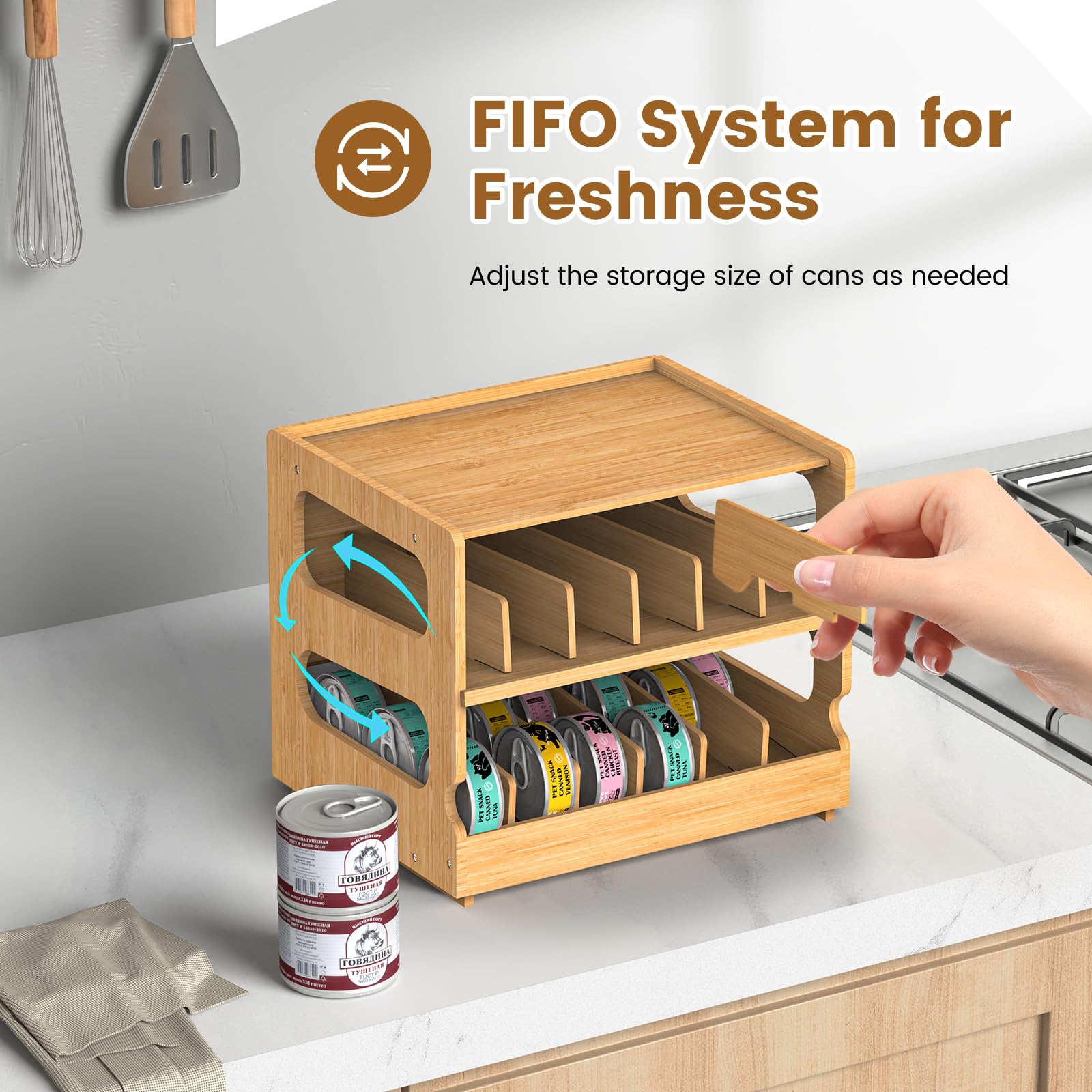 Teamkio FIFO system can organizer highlights oldest cans first for efficient stock rotation