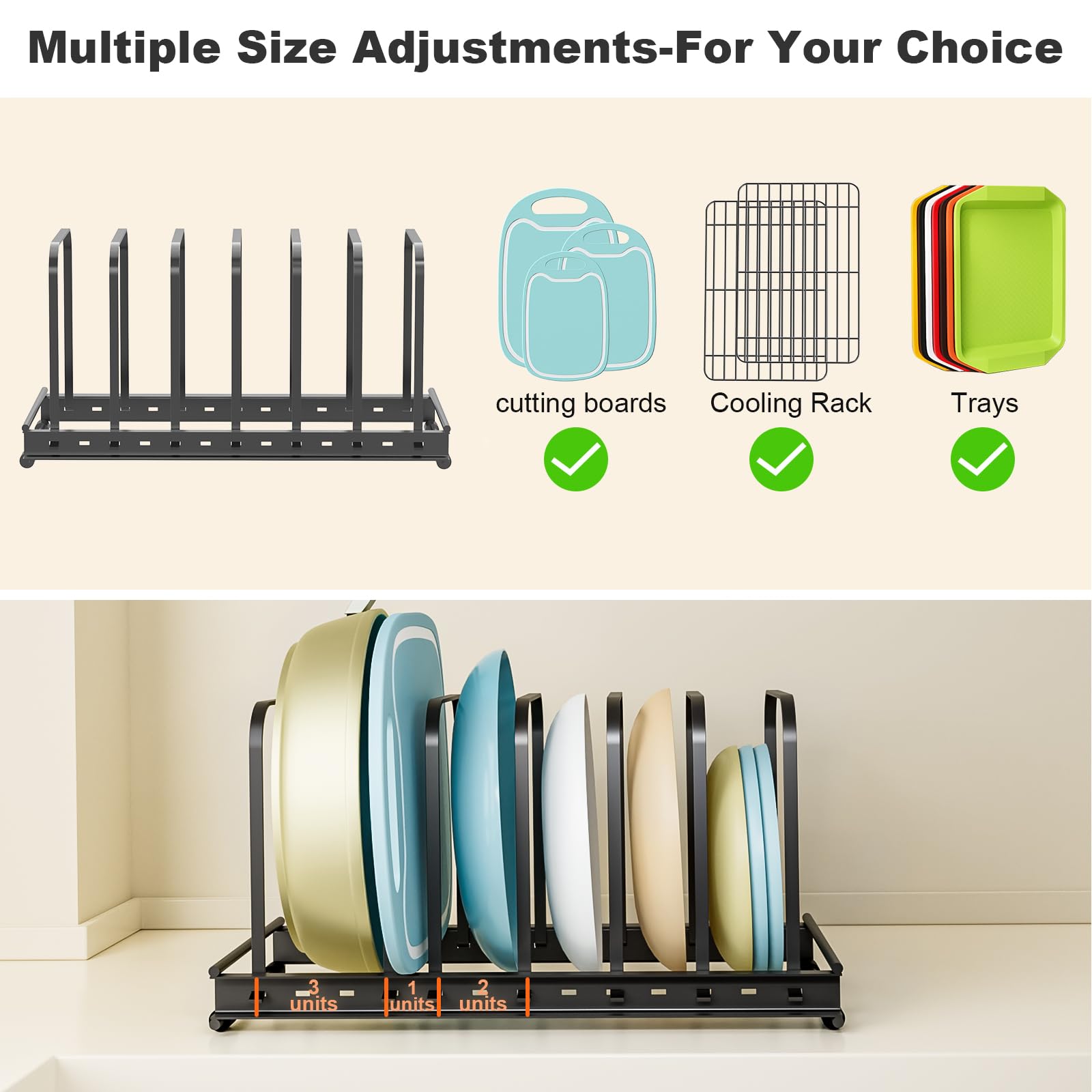 TEAMOLA pots, pans, and lid divider rack saves cabinet space