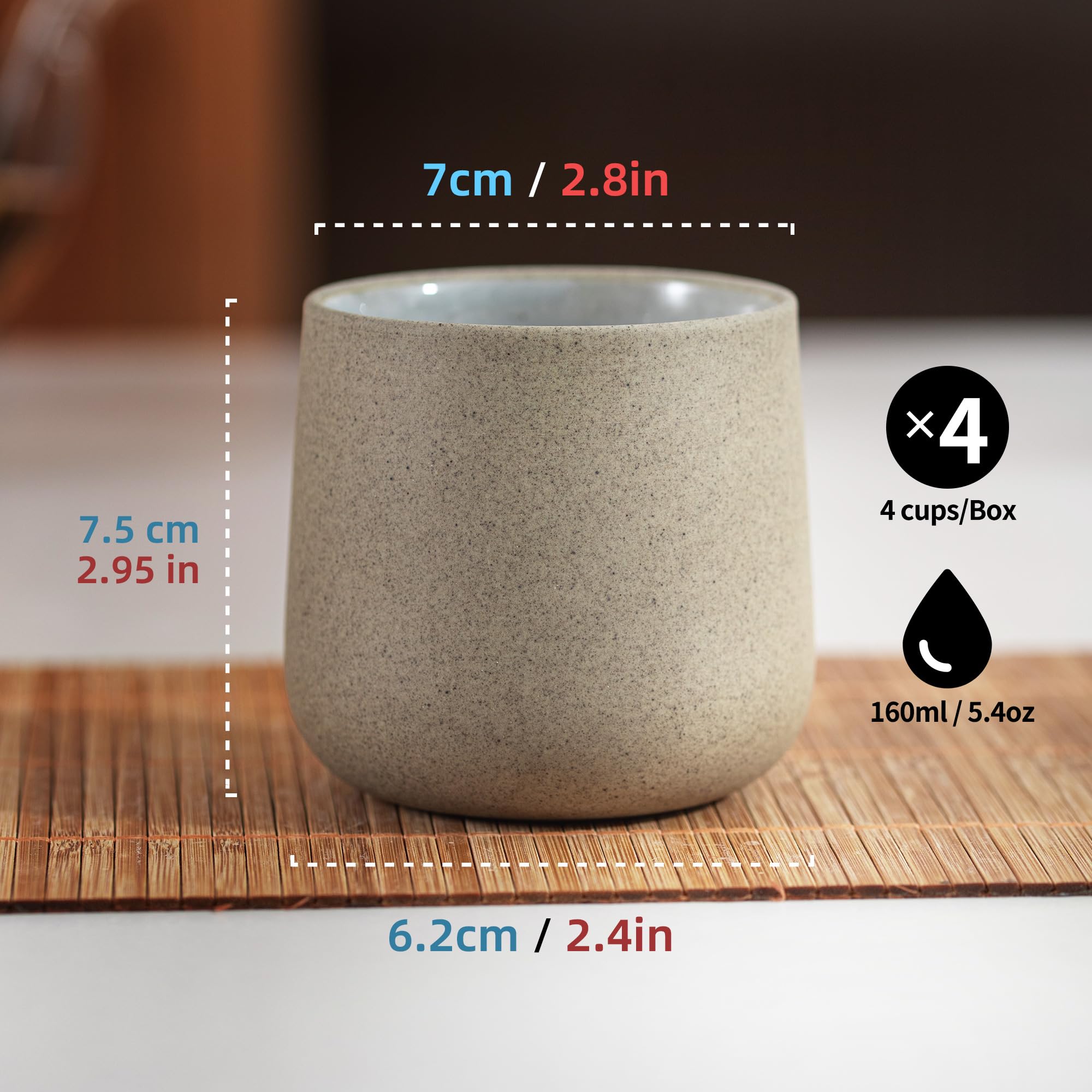 TEANAGOO ceramic teacups with unglazed exterior and glazed interior reveal the tea color.