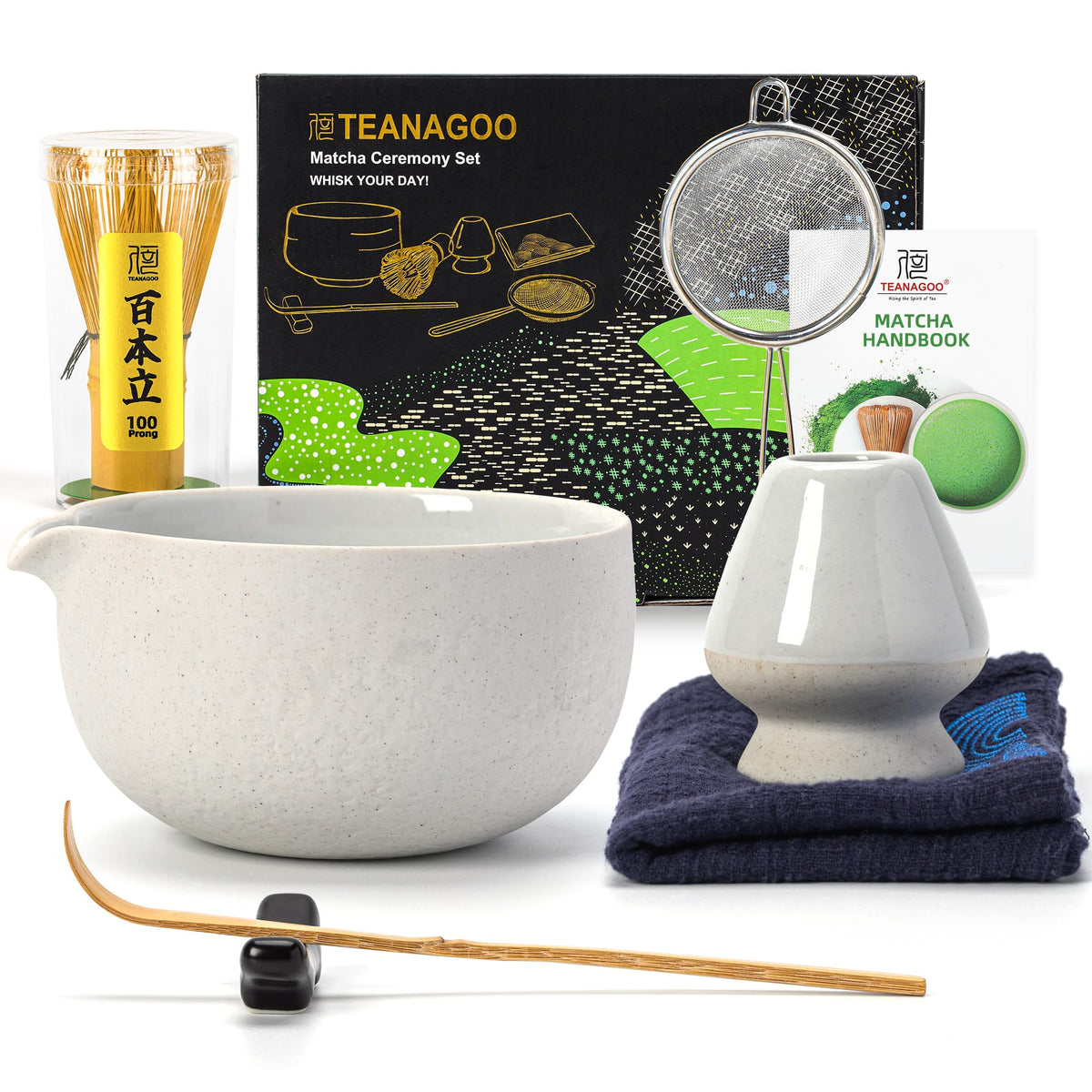 TEANAGOO matcha whisk set with ceramic bowl for authentic ceremony-grade preparation.