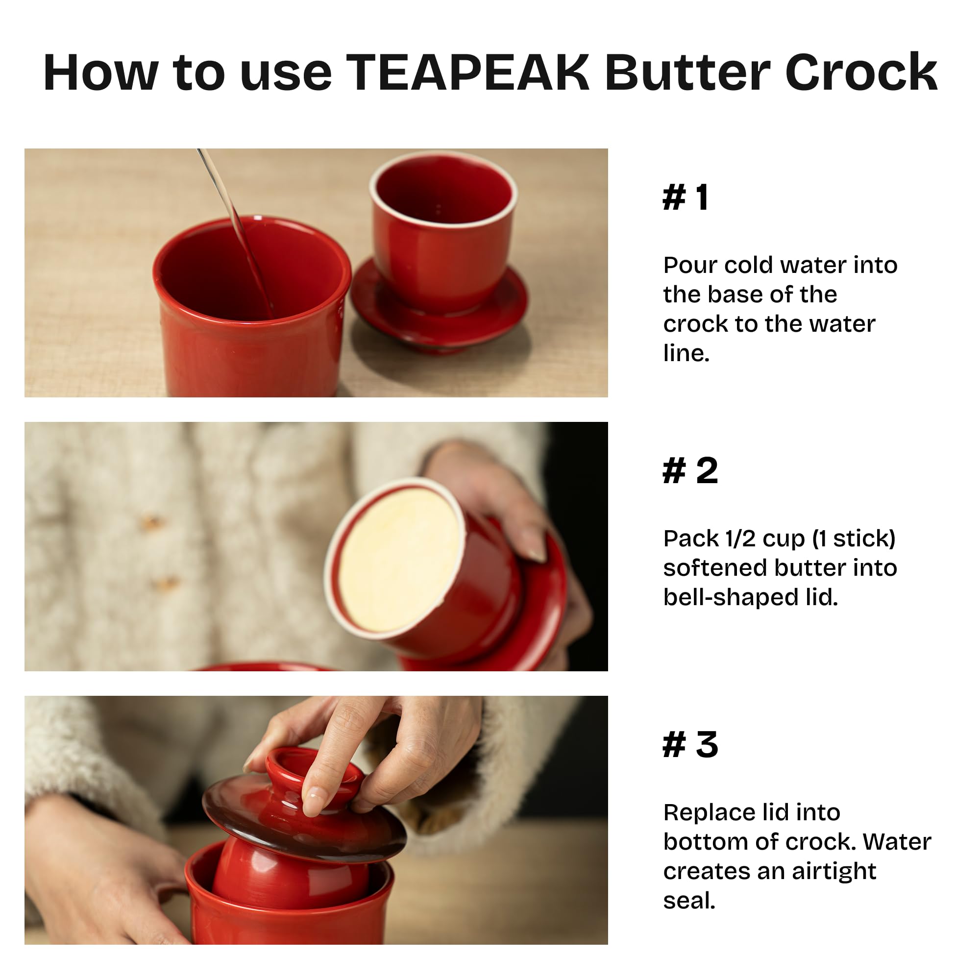 Teapeak butter keeper red close-up highlights artisanal ceramic glaze