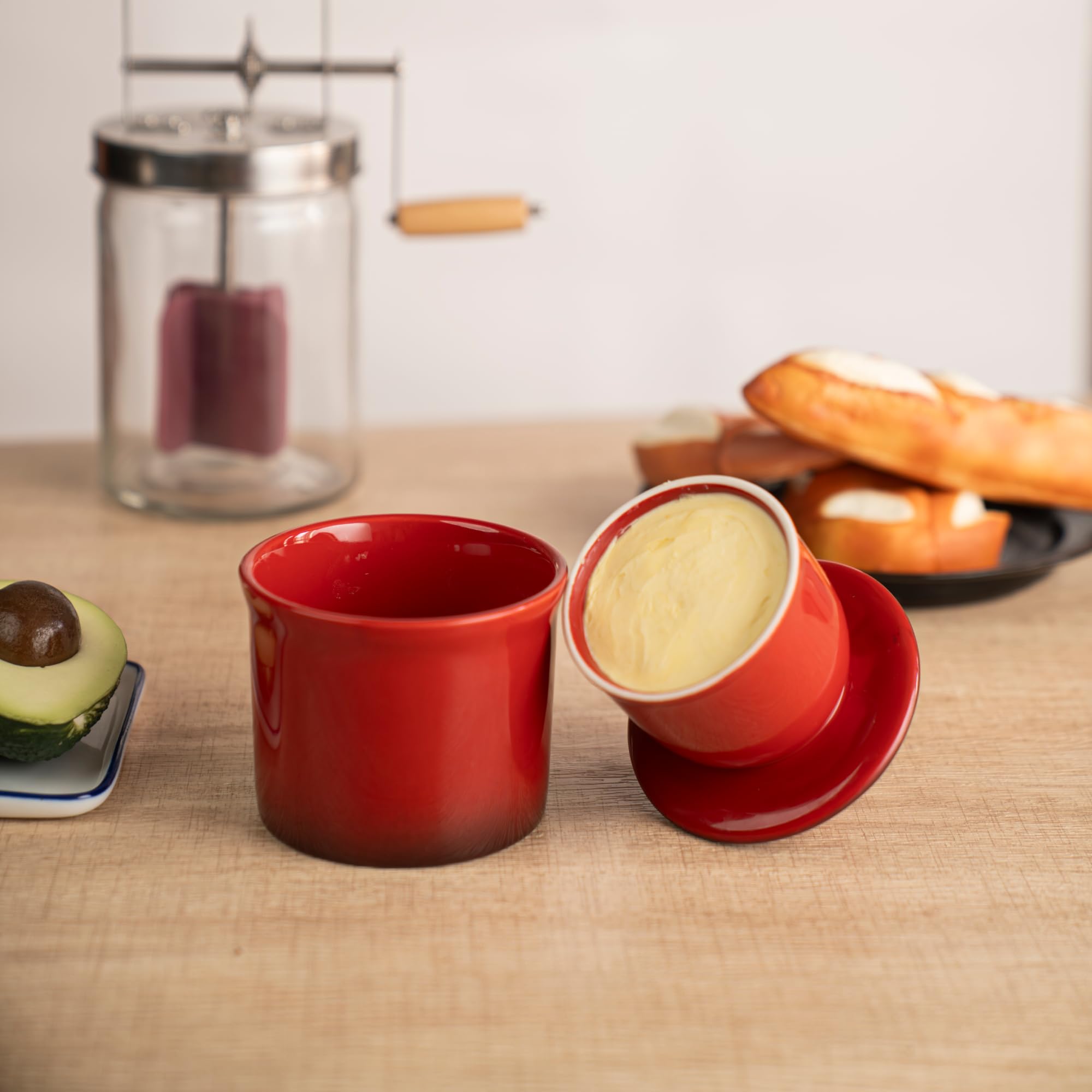 Teapeak red butter keeper in a cozy kitchen scene for everyday use