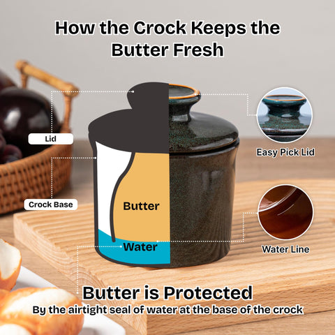 Teapeak butter keeper crock greenish brown glaze complements kitchen decor