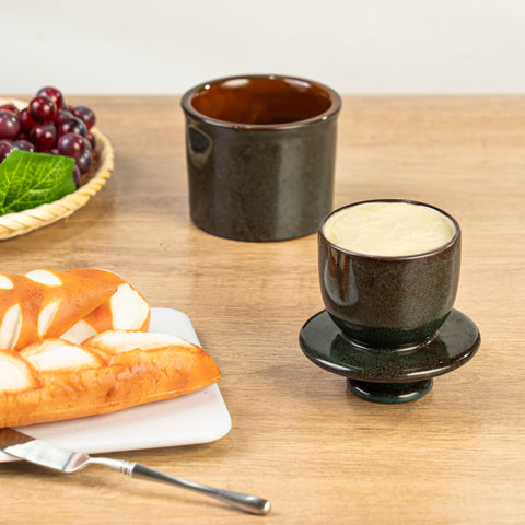 Teapeak porcelain butter keeper on kitchen counter for quick butter access