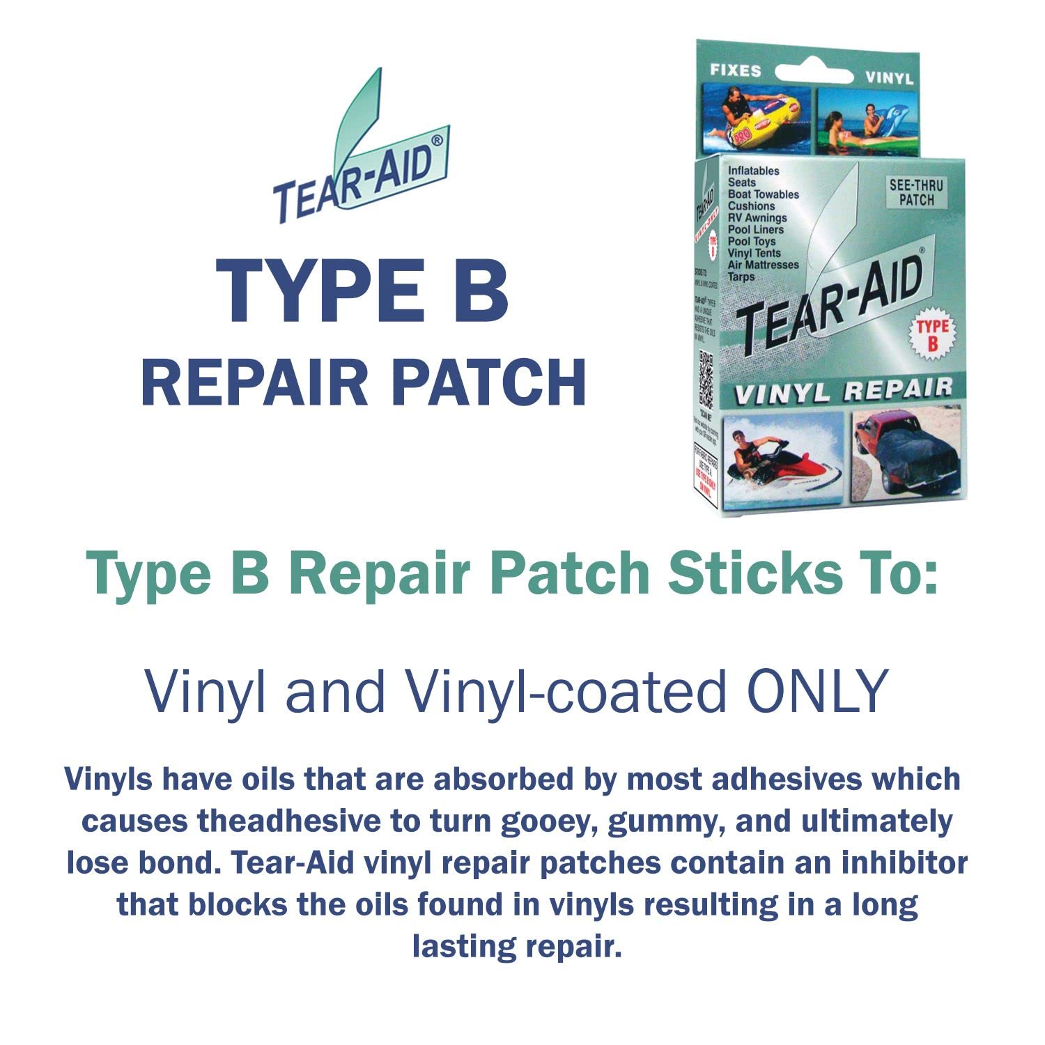 TEAR-AID vinyl patch packaging showing contents and instructions.