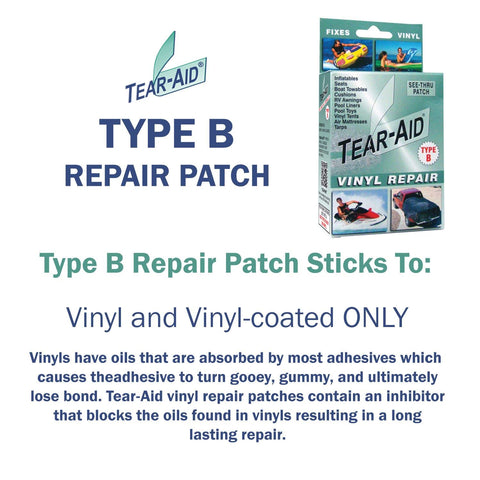 TEAR-AID vinyl patch packaging showing contents and instructions.