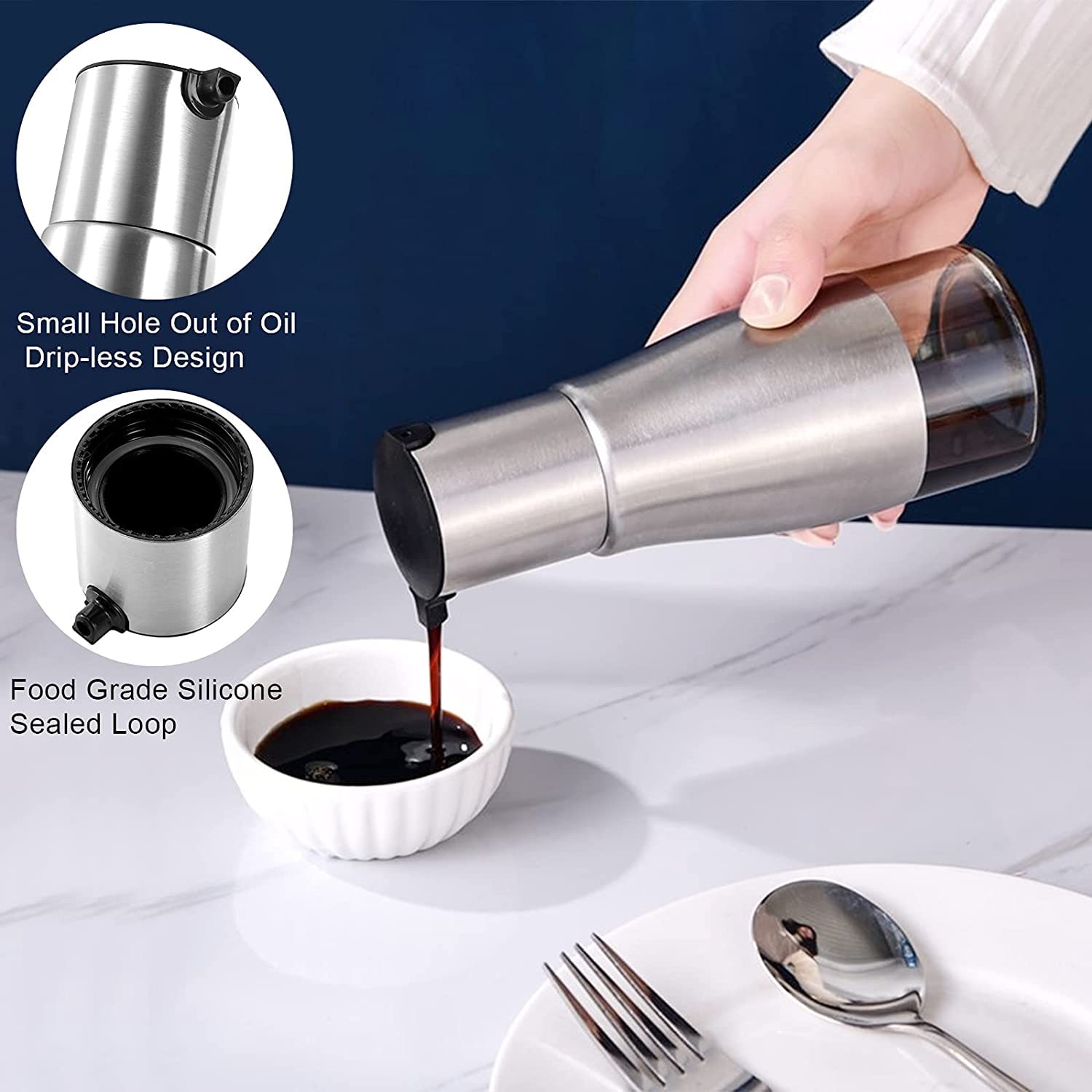 Tebery oil and vinegar bottle set with 10oz oil and 11oz vinegar capacities.