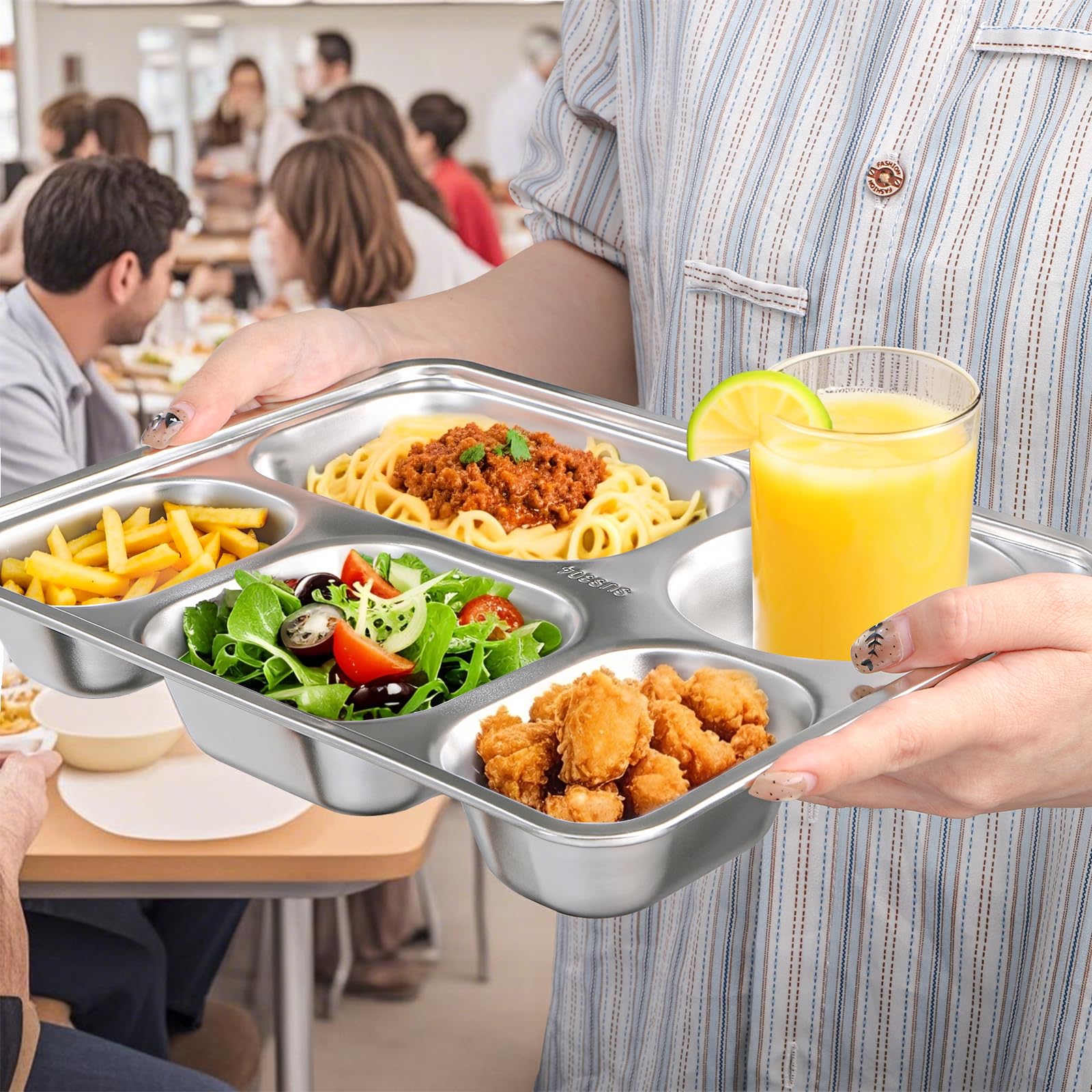 Tebery stackable divided plate demonstrates space-saving storage.