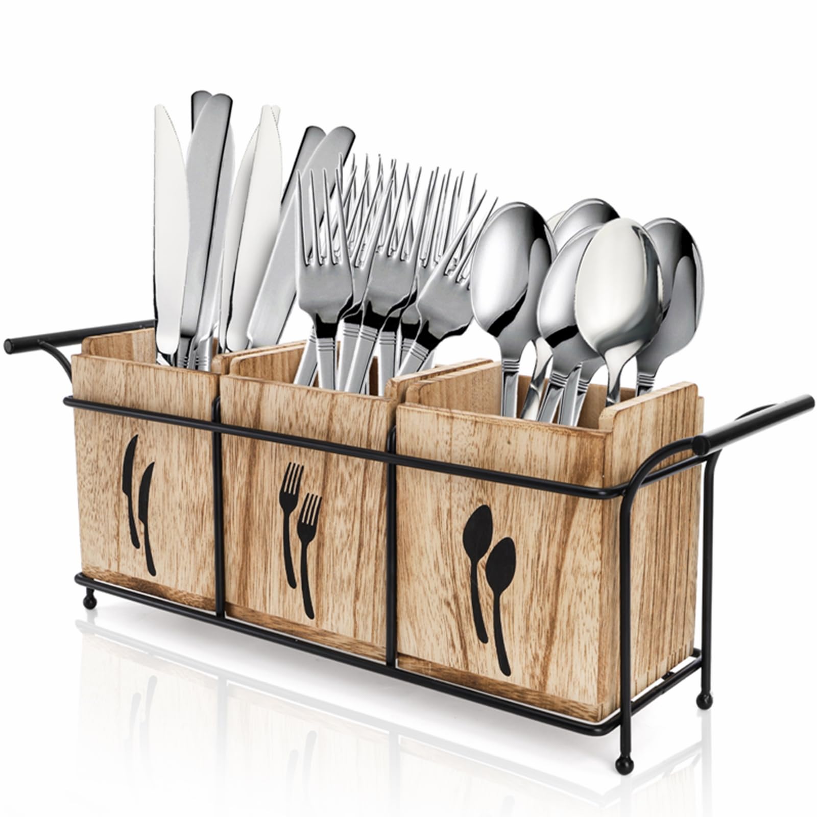 Tebery wooden utensil holder with three compartments keeps forks, spoons, and knives organized.