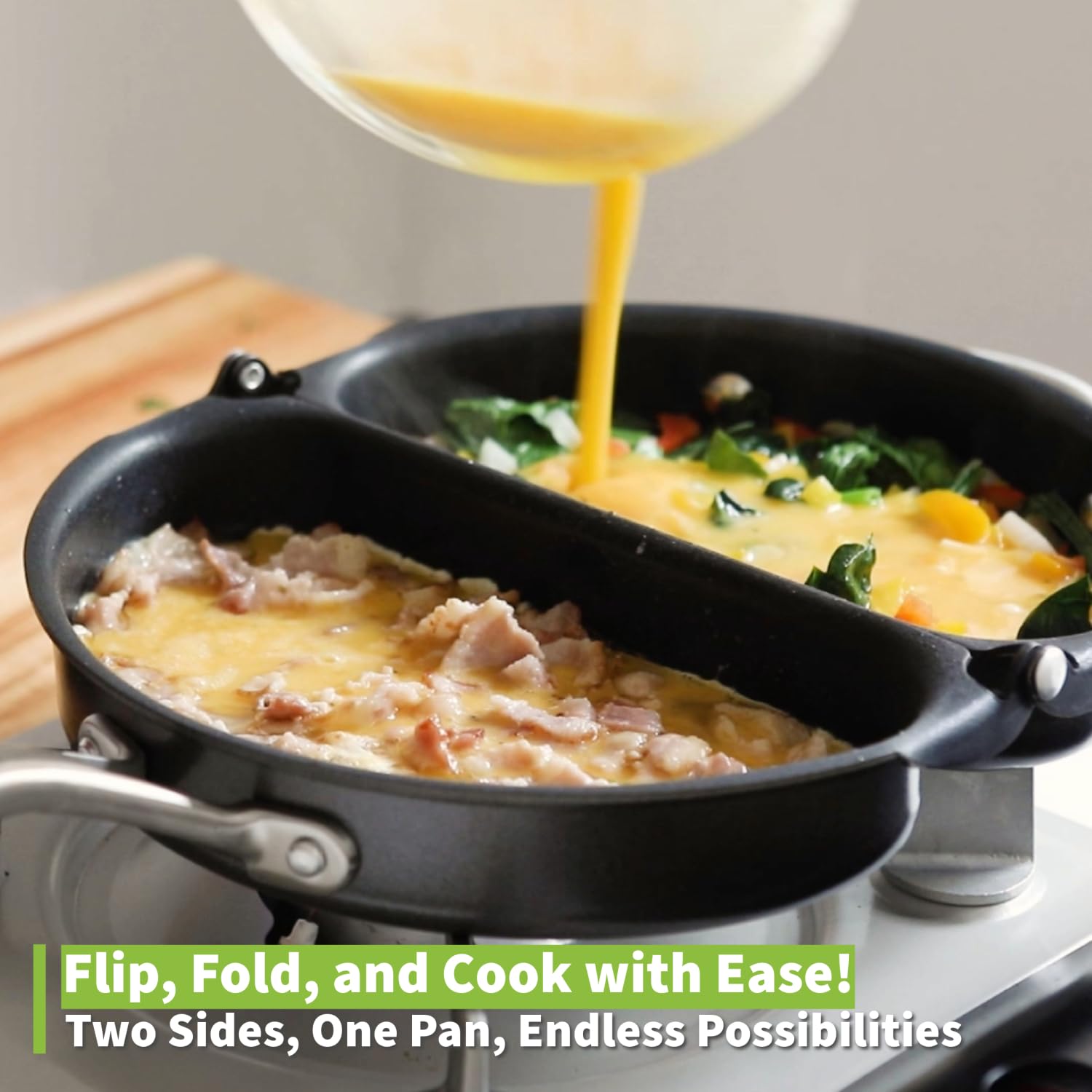 TECHEF double-sided egg pan shown for versatile two-surface cooking.